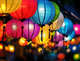 Colorful Paper Lanterns at Night