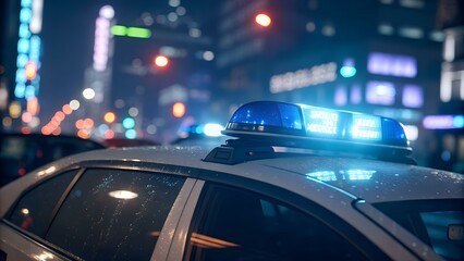 Close-up of police car with glowing blue lights at rainy night in urban city, symbolizing public safety, law enforcement and emergency response