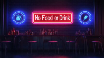 Fototapeta premium Neon sign in a dimly lit bar stating 'No Food or Drink' with colorful light accents