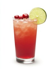 Refreshing cocktail with ice, garnished with lime and cherries, set against a clean background