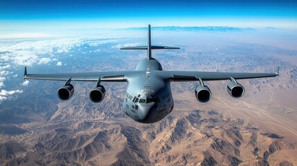 Military transport aircraft in flight over arid landscape.  
