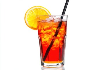 Refreshing citrus drink with ice in a clear glass, featuring a lemon slice and straw