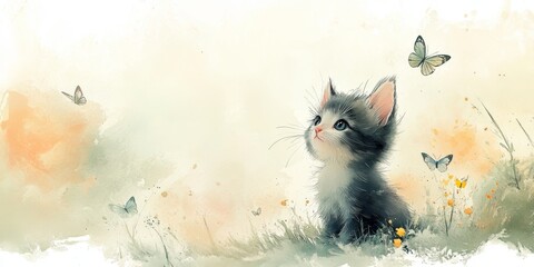 Cute kitten looking up at butterflies in a watercolor meadow
