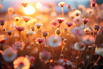 Capture ethereal beauty of a meadow adorned with a tapestry of untamed blossoms, immortalizing gossamer dewdrops delicately adorning their petals, all bathed in gentle, ethereal glow of daybreak