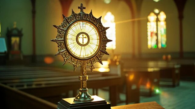 Golden monstrance illuminated during a quiet moment inside a serene church with stained glass windows