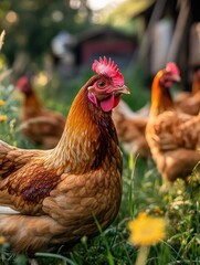 Free-range hens grazing for rural farm, sunset.
