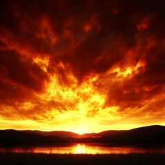 Obraz premium Fiery Sunset over Calm Lake Landscape.
