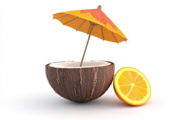 A refreshing coconut drink with a colorful umbrella and a slice of orange on a white background