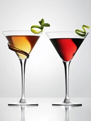 Two elegantly crafted cocktails displayed on a reflective surface with fresh garnishes
