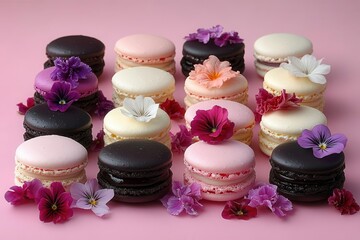 artisanal french macarons arranged in ombre pattern on blush pink surface soft side lighting creating delicate shadows scattered edible flowers adding whimsical touch