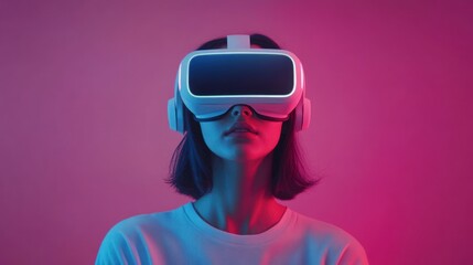 Fototapeta premium Woman wearing a virtual reality headset with pink and blue lights