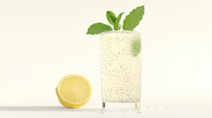 Fototapeta premium Refreshing lemon mint drink served in a tall glass with a lemon half beside it on a light background