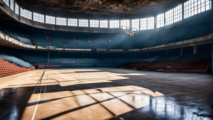 A sunlit abandoned basketball arena worn blue orange seating, showing signs decay neglect.