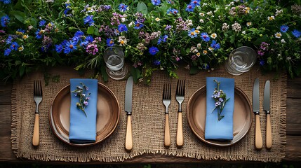 Rustic outdoor wedding table setting with floral centerpiece