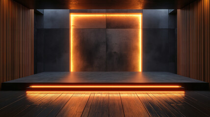 Fototapeta premium Futuristic stage display illuminated by vibrant neon electric lights for modern aesthetics