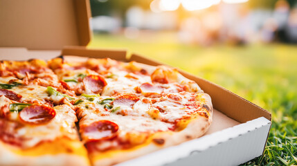 Delicious fresh hot pizza in a cardboard white box lies on green grass on a picnic outdoor in the park on a warm summer day. Fast food in nature delivered by courier.