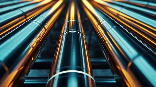 close-up of metallic tubes arranged in parallel lines, industrial and modern design, bold and sleek composition