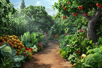 Explore the vibrant organic garden filled with diverse vegetables and fruits grown without chemicals on a sunny day Generative AI
