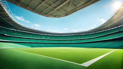 Obraz premium A breathtaking view an empty green stadium under a bright sunny sky, showcasing vibrant field modern architecture.