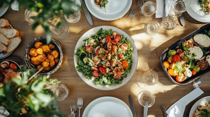 Rustic overhead view of gourmet meal on wooden table — fresh food presentation