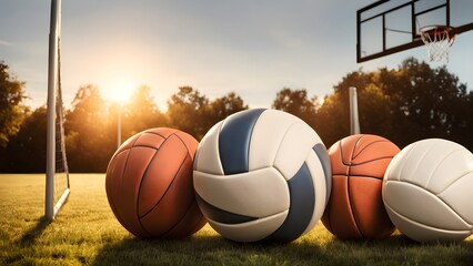 Four sports balls rest a grassy field sunset, basketball volleyball hoops background.