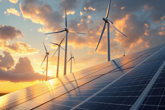 Renewable energy with wind turbines and solar panels at sunset.