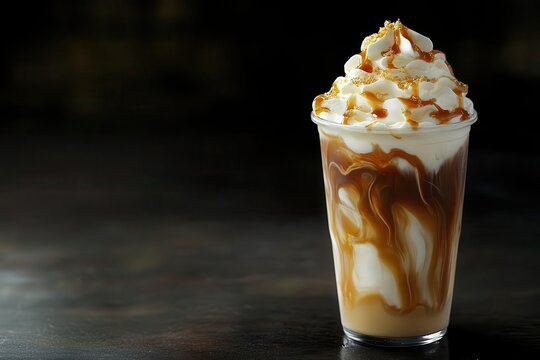 artisanal iced coffee creation with swirled caramel cloudlike whipped cream and golden drizzle in crystalline glass