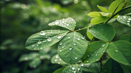 Fresh Green Leaves with Water Droplets