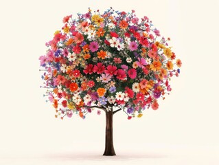Colorful Flower Tree for Spring Bloom, White Background.