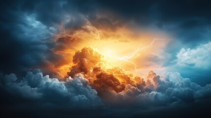 Obraz premium Dramatic clouds illuminated by a bright, fiery sunset.