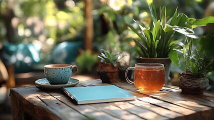 Tea, notebook, garden, sunlight, relaxation, outdoor, table, plants, tranquility, journal