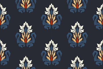 Embroidered Ikat flower pattern on a black background. Traditional ethnic ikat, Aztec abstract vector pattern, seamless pattern in tribal, folk embroidery and Mexican style.