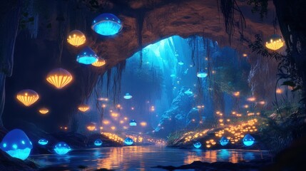 Obraz premium A glowing cave with reflecting water and otherworldly luminescence throughout