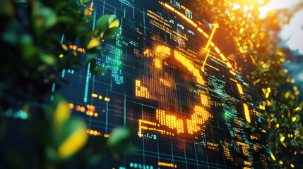 digital display with glowing numbers and symbols is integrated into lush green environment, symbolizing intersection of technology and nature. vibrant colors and dynamic design evoke sense of