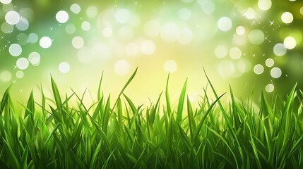 Fototapeta premium Lush green grass illuminated by soft, bright bokeh lights, creating a vibrant spring or summer background.