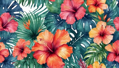 Watercolor tropical hibiscus flowers and palm leaves pattern