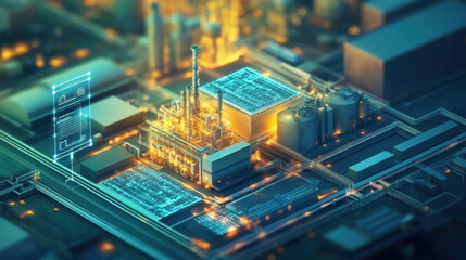 Fototapeta premium futuristic factory illuminated with clean energy sources, surrounded by digital interfaces and glowing technology, showcasing innovation and sustainability