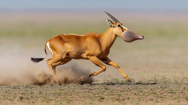 Regal Saiga Antelope running across the vast Central Asian steppe its unique nose adapted to filter dust from the air