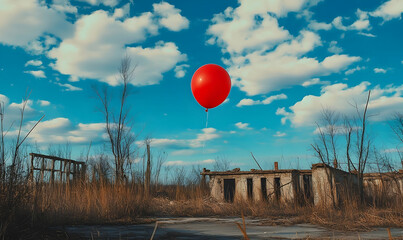 A vibrant red balloon floats against a striking blue sky above an abandoned, overgrown building
