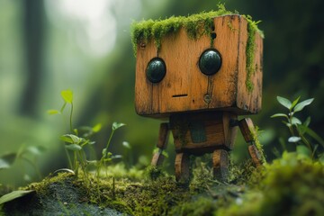 Wooden Robot in a Lush Forest Scene