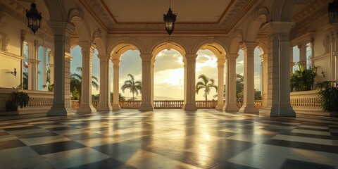 Presidential palace colonnade framing tropical sunset view in santo domingo