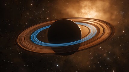 Fototapeta premium Stunning cosmic view of a ringed planet in a nebula. Vibrant rings and cosmic dust create a breathtaking celestial scene. Ideal for space, astronomy, and science fiction projects.