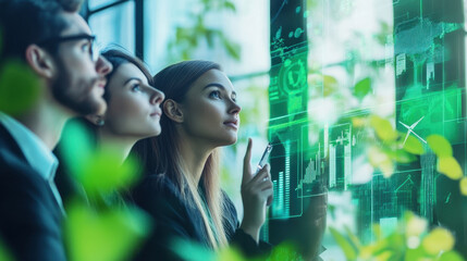 diverse group of professionals is engaged in discussion about sustainable technology, focusing on digital data and innovation. atmosphere is collaborative and forward thinking