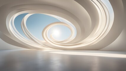 Abstract image modern architecture featuring curved white walls a skylight revealing a bright blue sky sun.