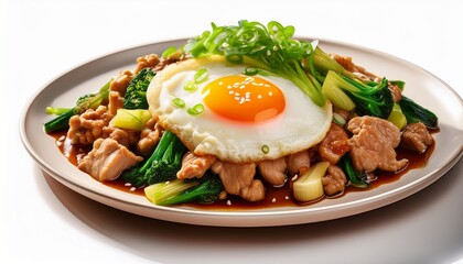stir fried sukiyaki with egg and pork on white plate