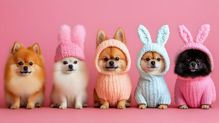 Fototapeta premium Adorable dogs in colorful knitted outfits with bunny ears posing together against a pink backdrop