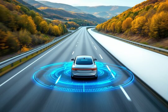 Futuristic self-driving car on highway with digital interface in scenic autumn landscape.