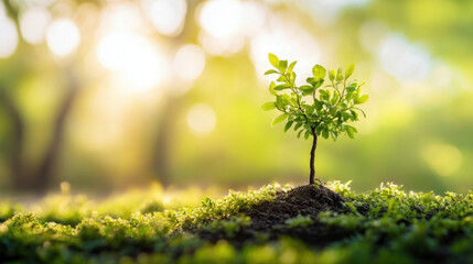 small tree sapling grows vibrantly in lush, sunlit forest, symbolizing new beginnings and sustainability. soft focus background enhances serene and hopeful atmosphere