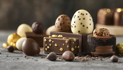 Obraz premium Assorted gourmet chocolates and Easter eggs artfully arranged on a textured surface with blurred background