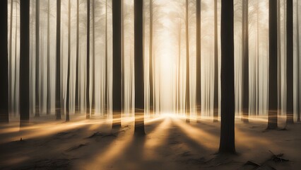 Naklejka premium Sunrise beams through a dense, misty forest, illuminating path between tall trees.